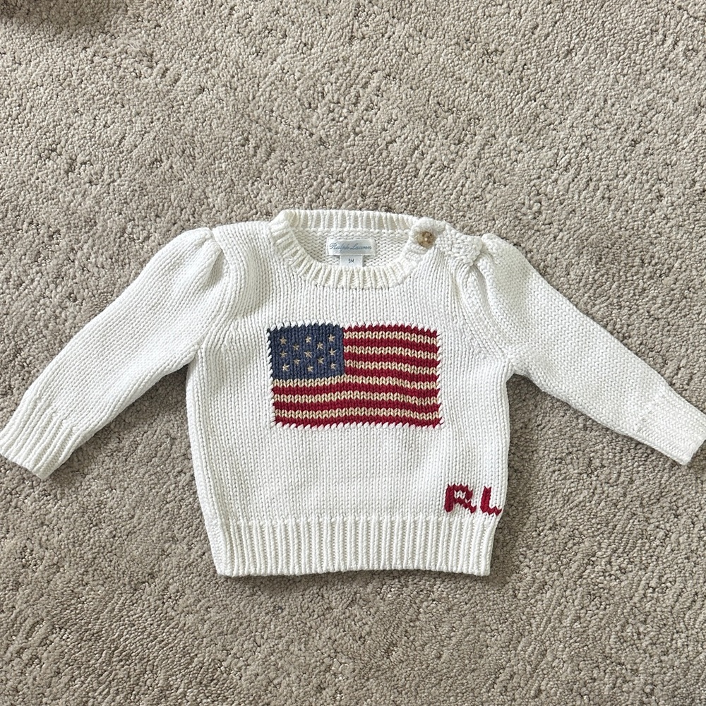 Ralph Lauren White Sweater with Flag Design (9months, runs a bit small)